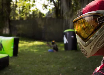 A close view of helment at a paintball field arena built by oxo